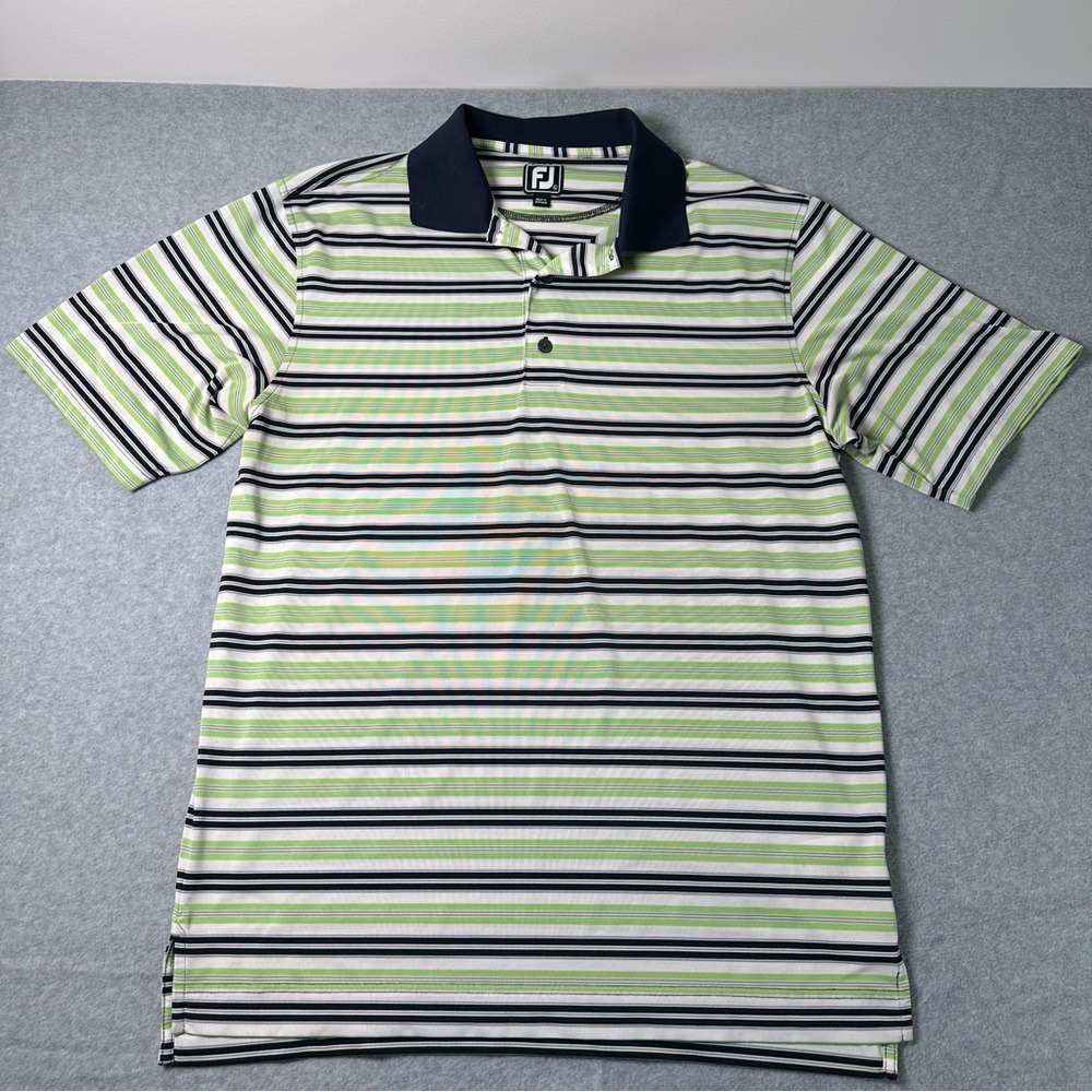FootJoy Mens Athletic Fit Striped Golf Polo Shirt Green Navy White‎ L